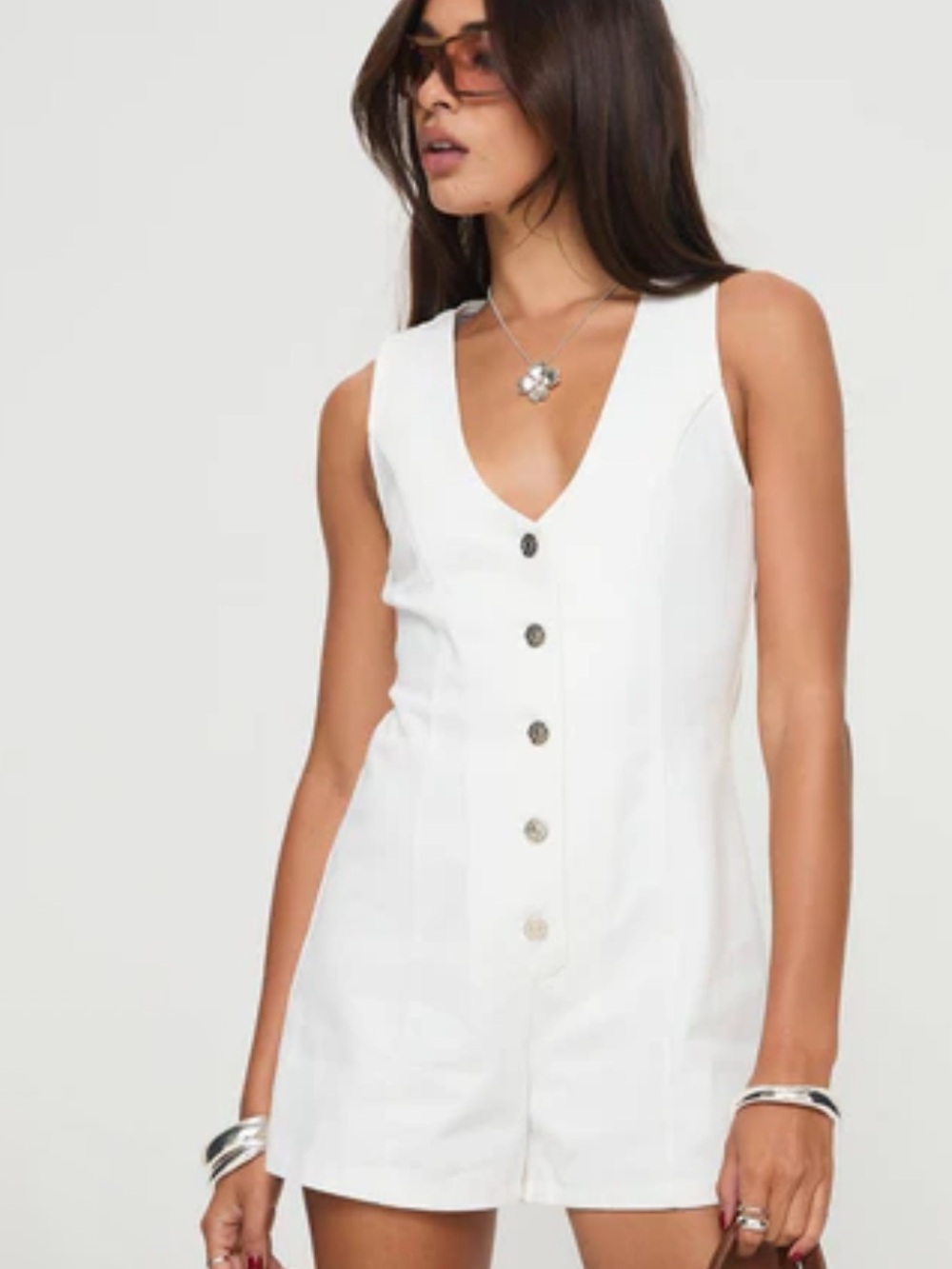 White Button-Front Sleeveless Romper